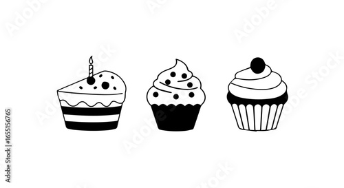 Handdrawn black and white icons of a birthday cake slice and two decorated cupcakes.