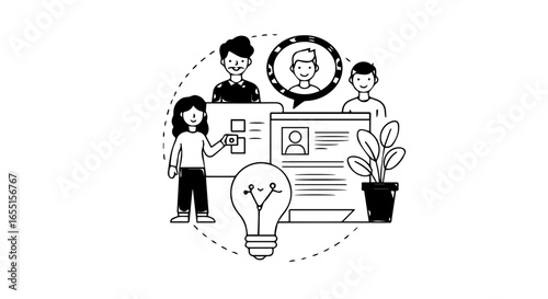 Handdrawn black and white illustration of a team collaborating on a project with a resume lightbulb and computer screens.
