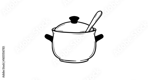 Handdrawn black and white illustration of a cooking pot with a lid and spoon.