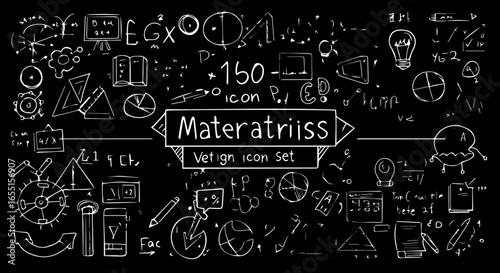 Handdrawn chalk sketch icons of science math and business formulas on a blackboard background.