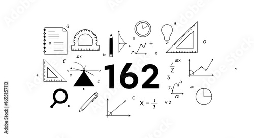 Handdrawn mathematical icons formulas and school supplies in a doodle style.