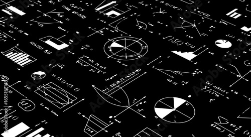 Handdrawn scientific formulas mathematical equations and graphs sketched in white on a black background.
