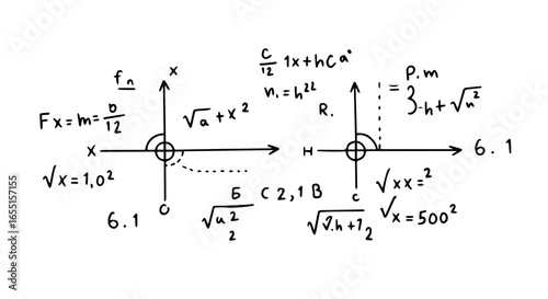 Handdrawn scientific notation including complex algebraic formulas and physics equations.