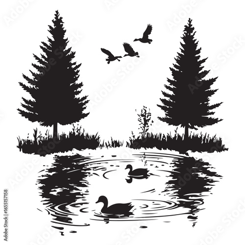 Mountains and trees encircle a misty body of water. Generative 