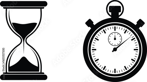 Vector art of hourglass and stopwatch symbolizing the passage of time