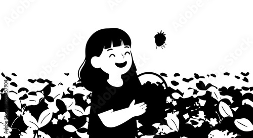 Happy cartoon girl with dark hair and bangs smiling while picking fresh strawberries in a field Minimalist black and white graphic illustration.