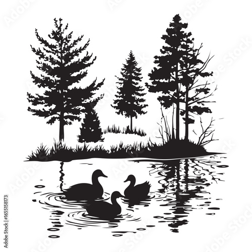 Mountains and trees encircle a misty body of water. Generative 
