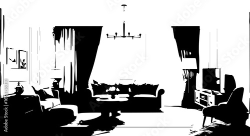 Highcontrast black and white graphic illustration of a classic living room interior.