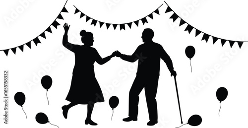 Vector art of senior couple dancing happily at a celebration with balloons and banners