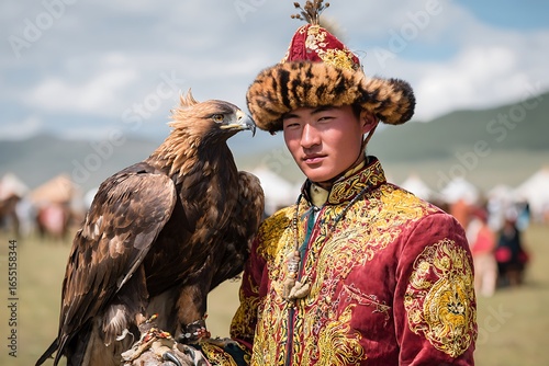 Mongolian eagle hunter holding golden eagle during festival in traditional clothing
