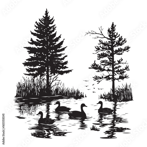 Mountains and trees encircle a misty body of water. Generative 