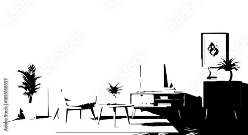 Highcontrast black and white graphic illustration of a modern living room interior.