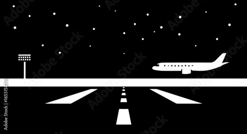 Highcontrast black and white graphic illustration of an airplane on a runway at night under a starry sky.
