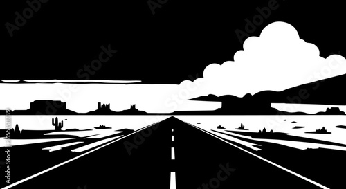Highcontrast black and white graphic of a desert highway stretching towards distant buttes and a cloudy sky.