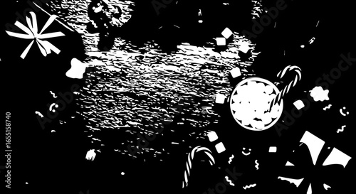 Highcontrast black and white graphic of a festive holiday scene with cocoa and gifts.