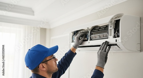 Air Conditioner Repair: A professional air conditioning technician meticulously examines an air conditioner, reflecting precision and expertise in appliance servicing.