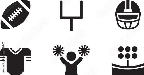 American Football Game Black Silhouette Vector Icon Set on Transparent Background for Sport