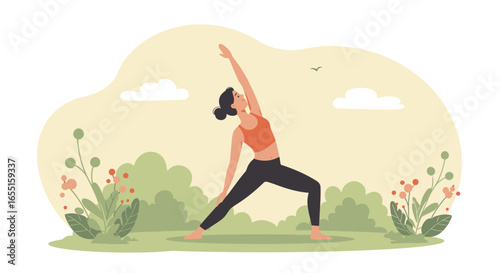 A woman in athletic wear performs a yoga pose outdoors in a park surrounded by greenery and flowers.