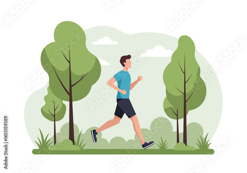 Illustration of a man running in a park, exercising and staying healthy.