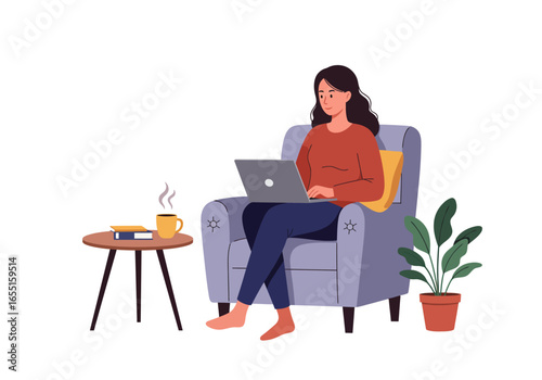 A woman sits comfortably in a plush armchair, working on her laptop with a cup of coffee and a book on a nearby side table.