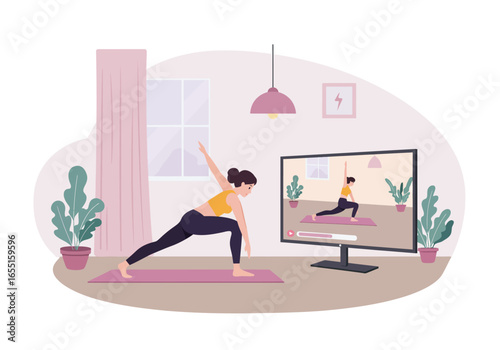 Woman doing yoga at home with online class on TV, fitness and healthy lifestyle.