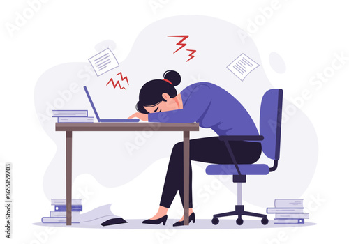 Exhausted businesswoman slumped over her desk with a laptop and scattered papers.