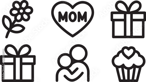 Silhouette Icons of Family and Affectionate Symbols Presenting Flower, Heart, Gift, and Hug