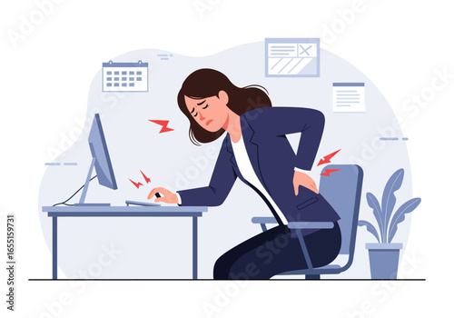 Woman in office with back pain, sitting at desk with computer.