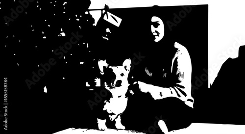 Highcontrast black and white graphic of two people posing with their small Corgi dog.