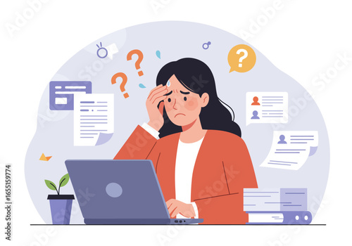 Stressed woman working on laptop with questions, surrounded by documents and papers.