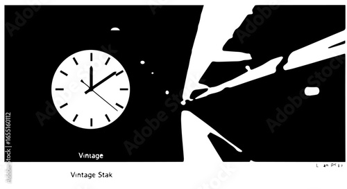 Highcontrast graphic illustration of a classic clock face exploding into abstract white shards.