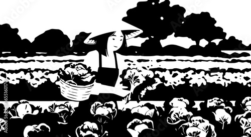 Highcontrast graphic illustration of a woman in a conical hat harvesting lettuce from a field.