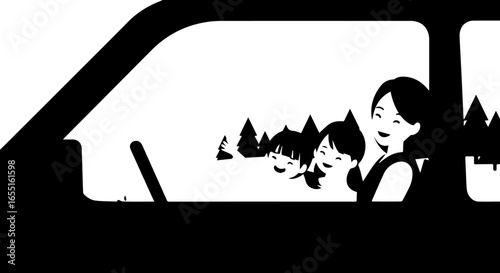 Joyful family with two children on a road trip black and white silhouette illustration.