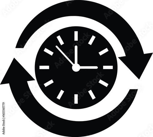Vector art of black clock with circular arrows indicating time cycle