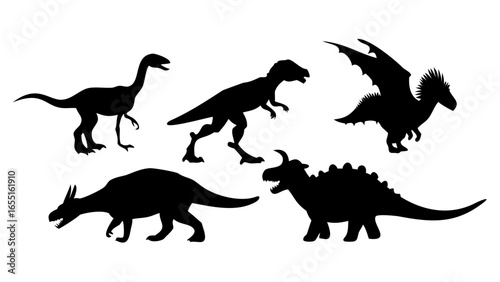 Dinosaur silhouette vector art featuring prehistoric creatures including t rex triceratops and dragon silhouettes