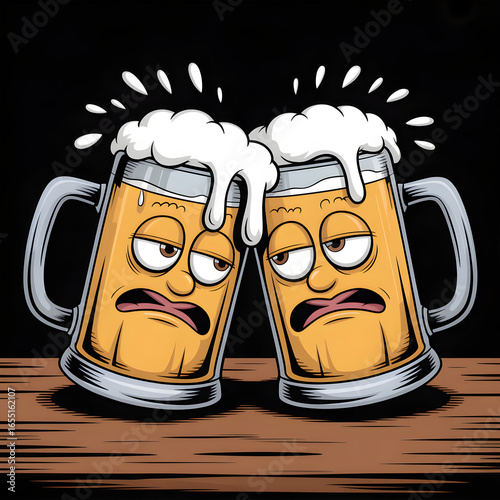 Two beer mugs are talking while leaning their heads together.