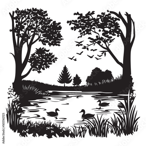 Mountains and trees encircle a misty body of water. Generative 