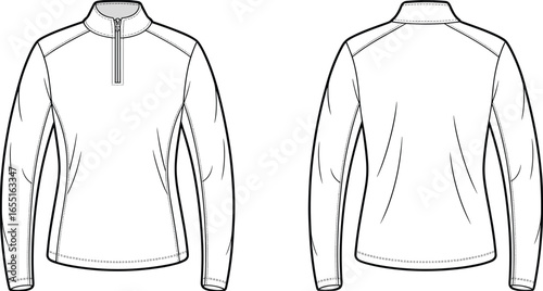 Long Sleeve Zip-Up Sports Top Vector – Front and Back Technical Flat Template for Activewear Apparel, Fitness Clothing Mockup, and Fashion Illustration