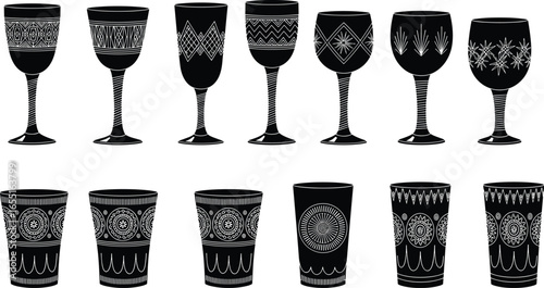 Set of Vintage Black Silhouette Goblets and Tumblers with Decorative Line and Geometric Patterns for Barware, Tableware, or Retro Kitchen Decor