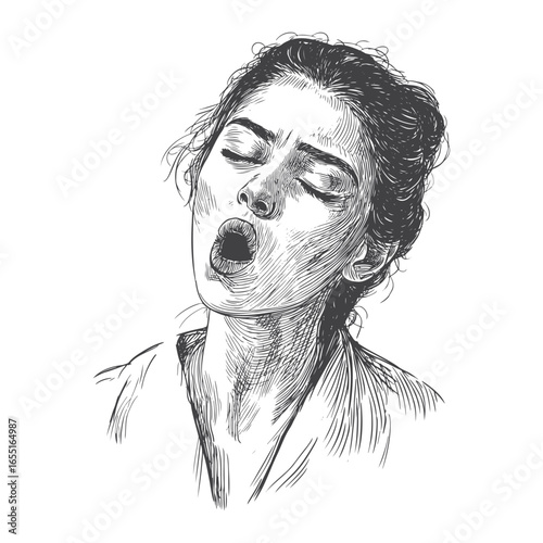 Engraving of a Young Woman Yawning with Eyes Closed