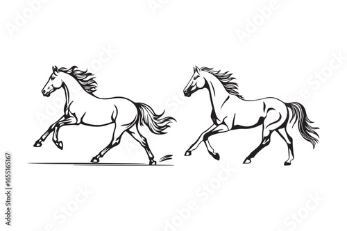 Two majestic horses galloping in a line drawing