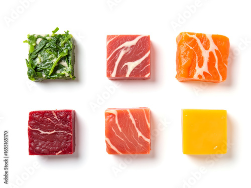 Colorful cubes of meat and vegetables on white background. Aesthetics in food