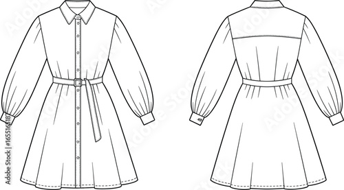 Technical flat sketch of women's shirt dress with long puff sleeves, button front closure, belted waist, classic collar, cuffed sleeves, and back yoke.