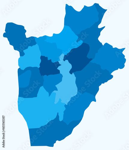 Map of Burundi with regions. Just a simple country border map with region division. Light blue color palette. Flat Republic of Burundi shape with administrative division. Vector illustration.