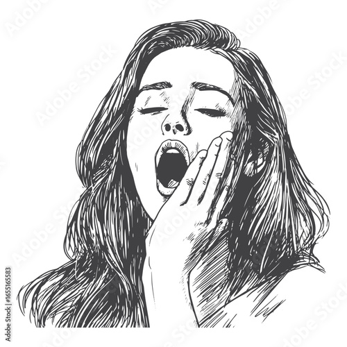 Sketch of a Tired Woman Yawning and Holding Her Face