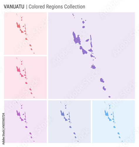 Vanuatu map collection. Country shape with colored regions. Deep Purple, Red, Pink, Purple, Indigo, Blue color palettes. Border of Vanuatu with provinces for your infographic. Vector illustration.
