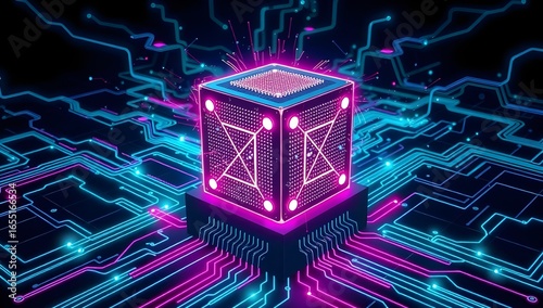 A glowing quantum processor cube floating above a circuit grid  emitting swirling streams of light particles