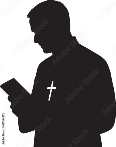 Silhouette of a priest reading a book with a cross on his collar vector