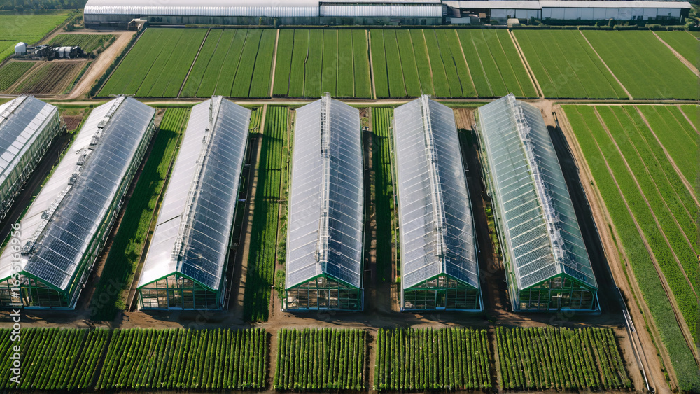 Obraz premium Symmetrical aerial view of industrial greenhouses reflecting sunlight