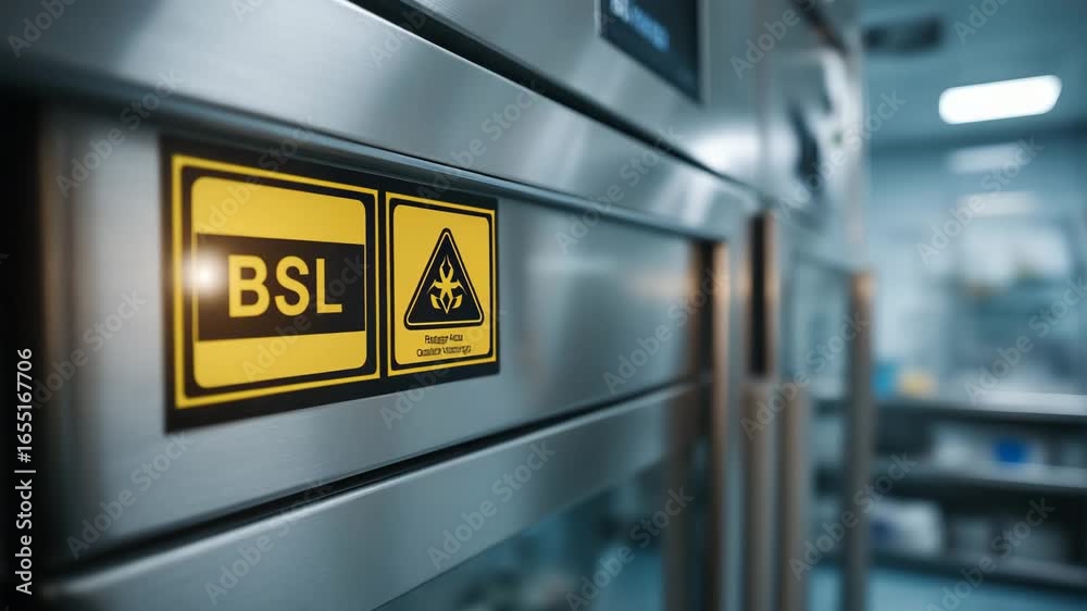 A sign on a metal door that says BSL. The sign is yellow and black. The ...